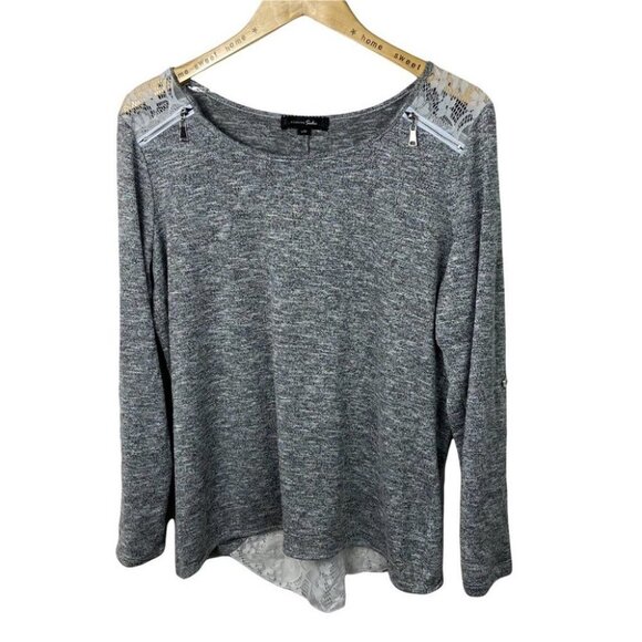 Sloane & Sadie Grey Lace Back Shoulder Zipper‎ Knit Stretch Sweater Size Large L - Picture 1 of 15